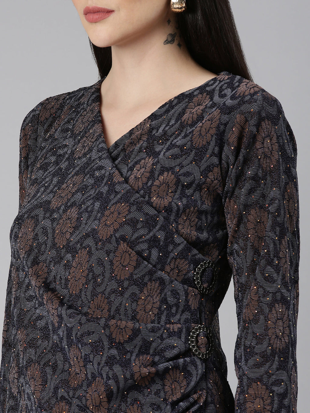Women's Navy Blue Ethnic Motifs Print Bell Sleeves Dress