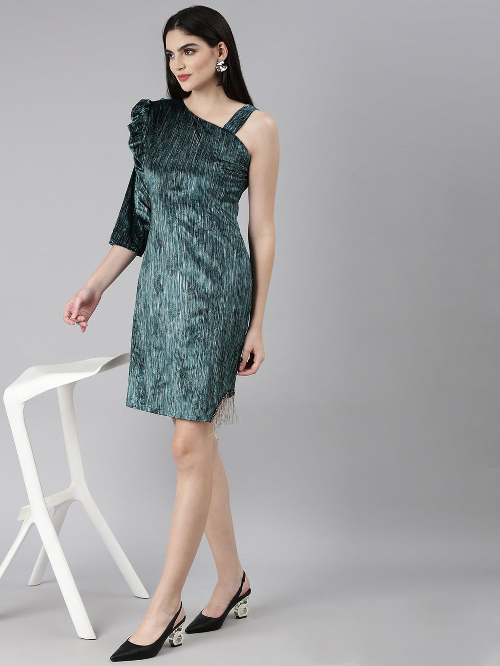 Women's Teal Striped One Shoulder Sheath Dress