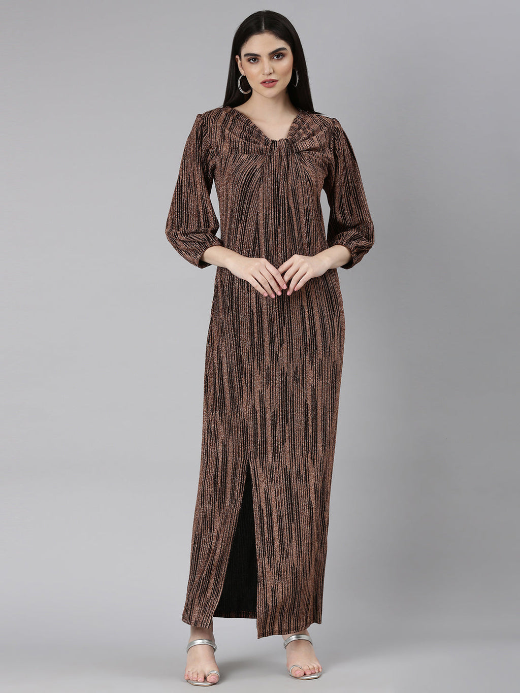 Women's Brown Striped V-Neck Puff Sleeves Bling & Sparkly Detail A-Line Maxi Dress