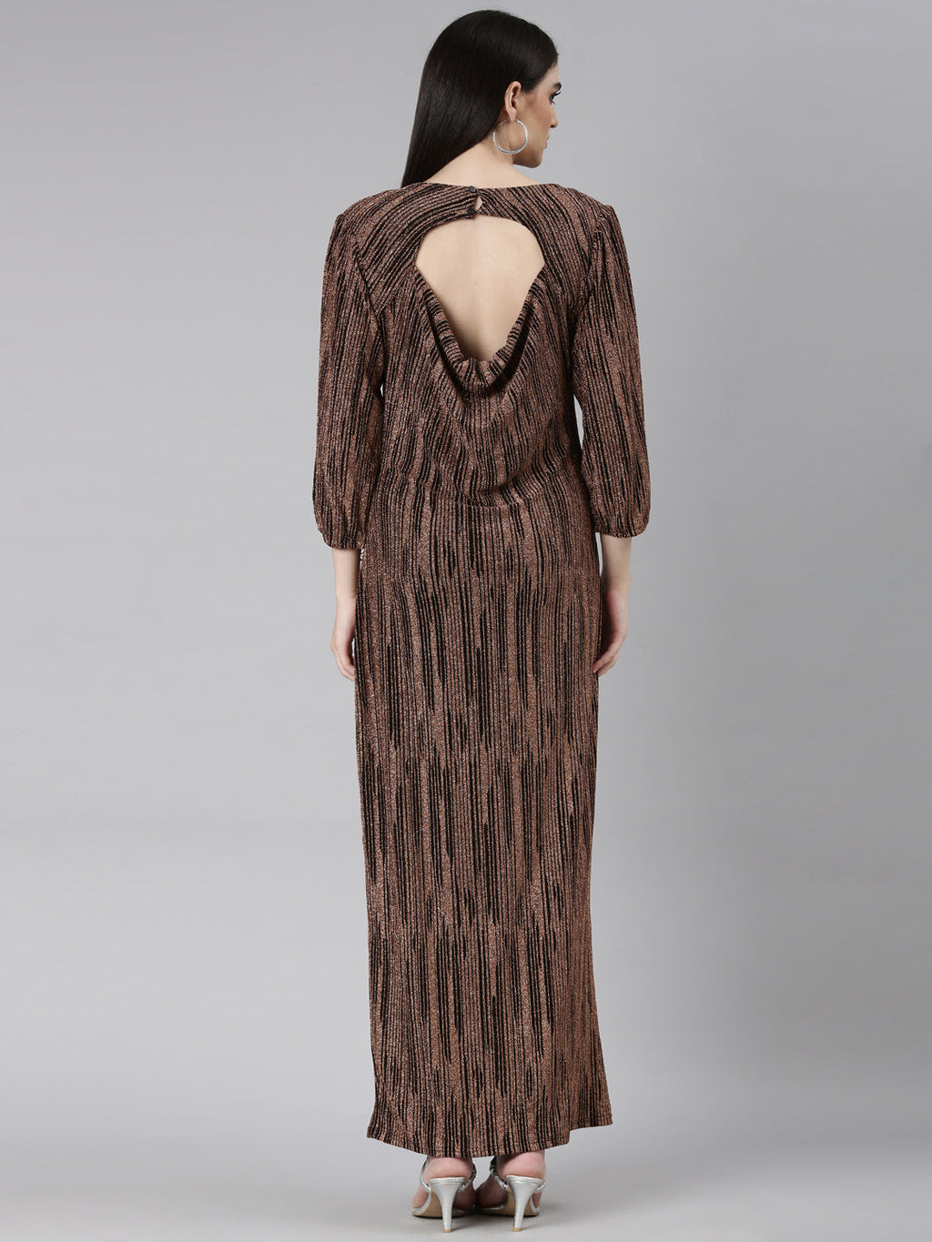 Women's Brown Striped V-Neck Puff Sleeves Bling & Sparkly Detail A-Line Maxi Dress