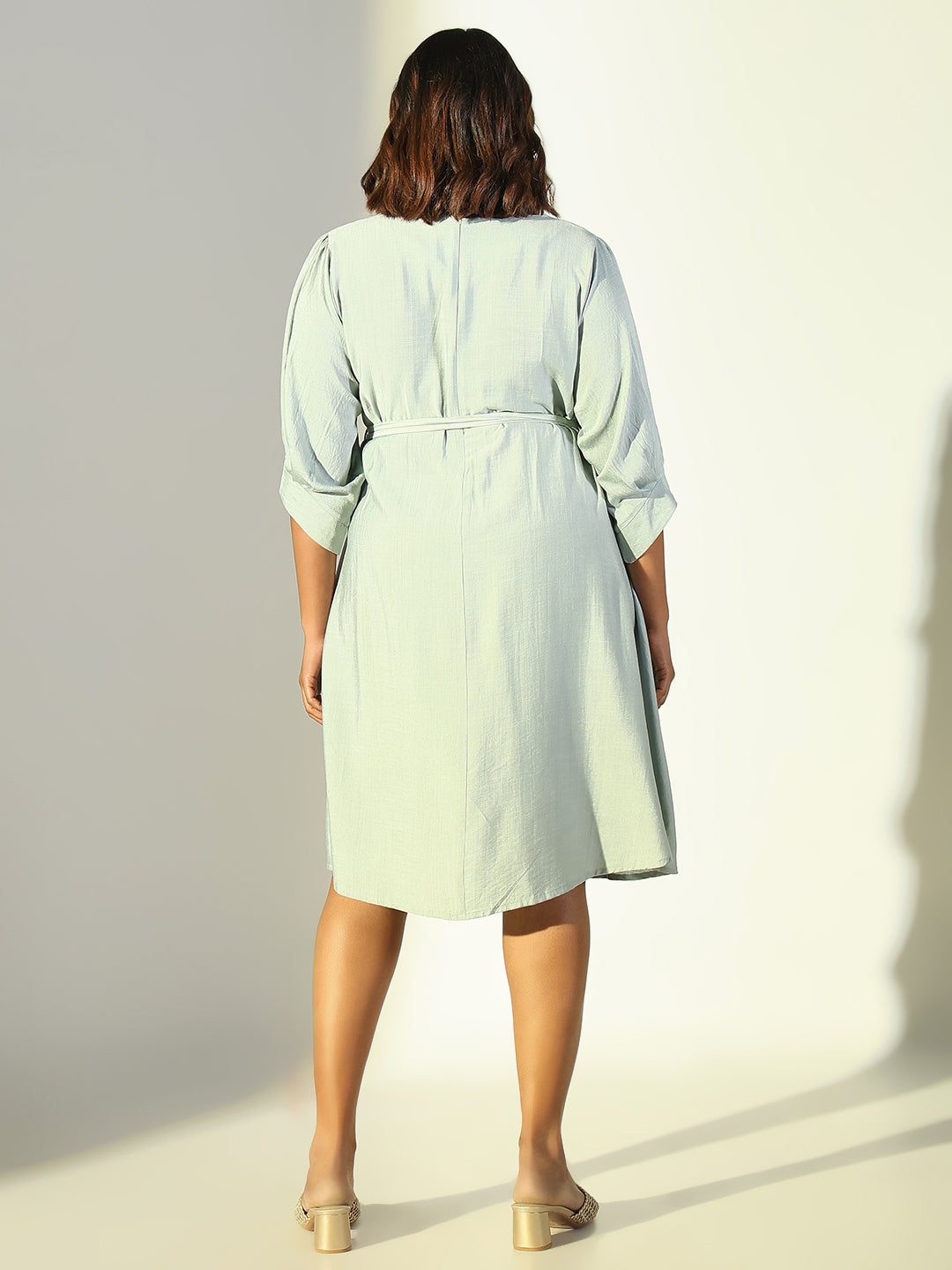 Women's Sea Green Solid A Line Dress with Belt