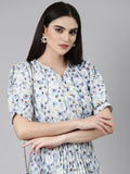 Women's Blue Floral Printed Sweetheart Neck Puff Sleeves Fit and Flare Dress