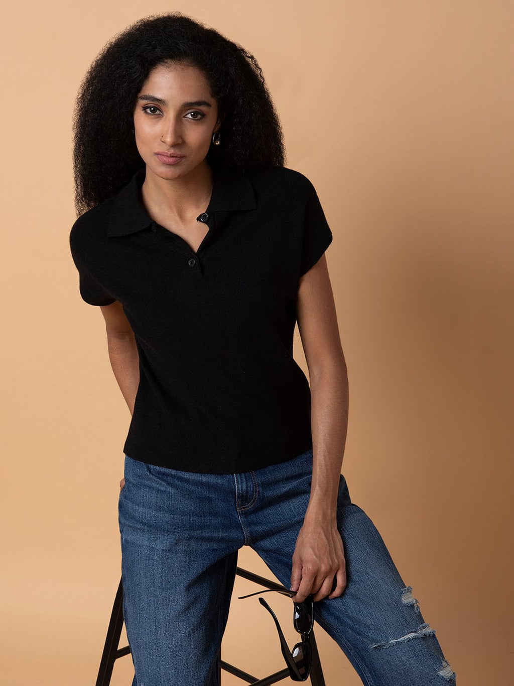 Women's Black Solid Knits Shirt Collar Acrylic Top
