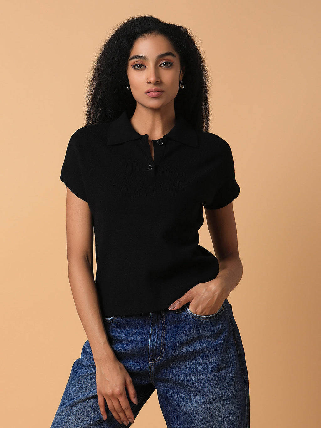 Women's Black Solid Knits Shirt Collar Acrylic Top