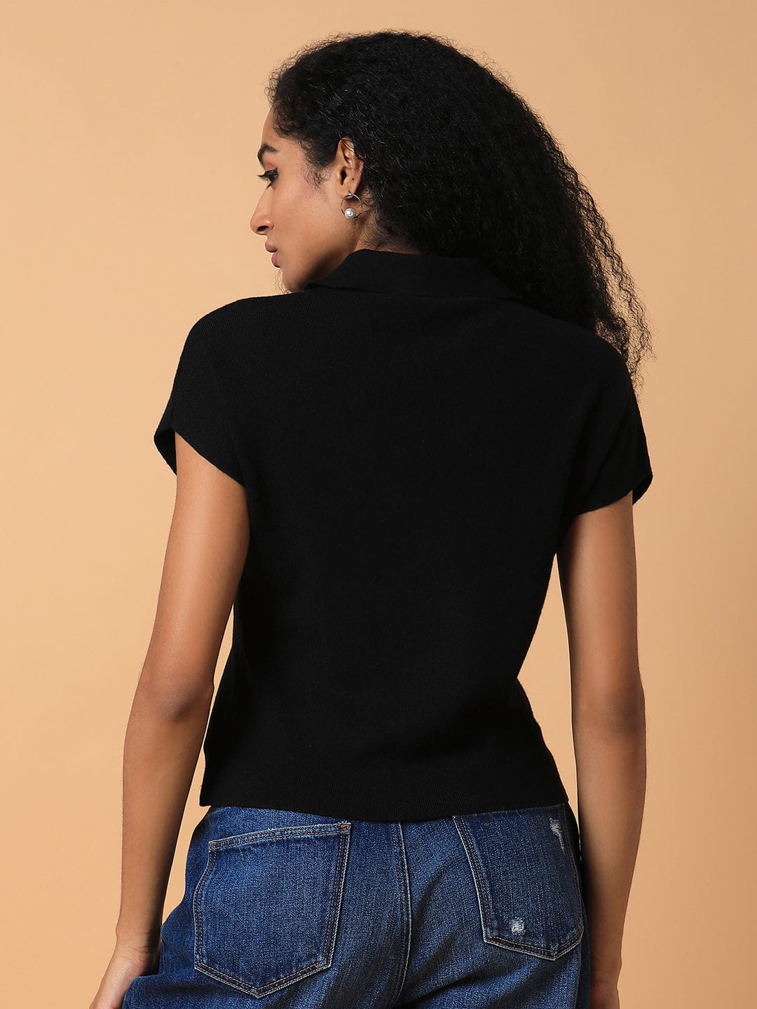 Women's Black Solid Knits Shirt Collar Acrylic Top