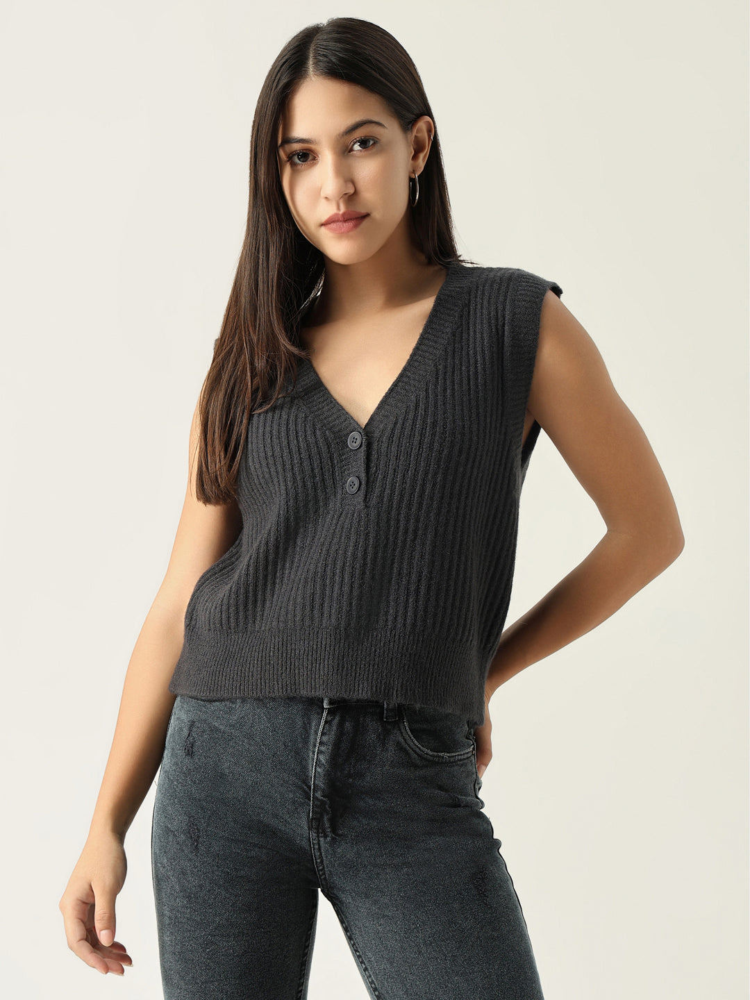 Women's Charcoal Self Design V-Neck Acrylic Top
