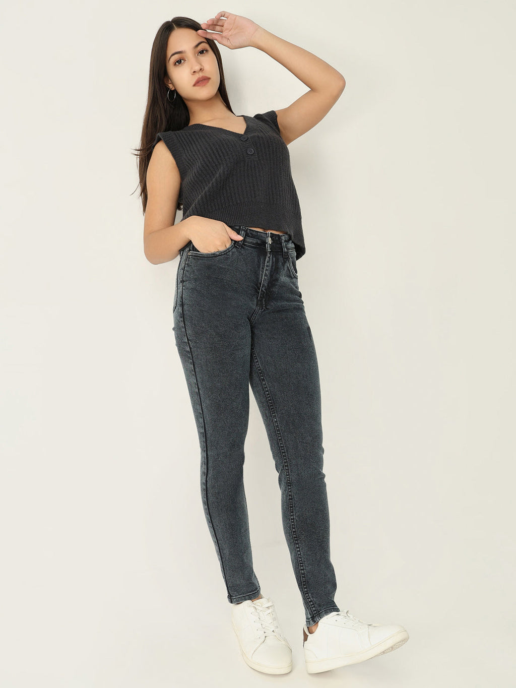 Women's Charcoal Self Design V-Neck Acrylic Top