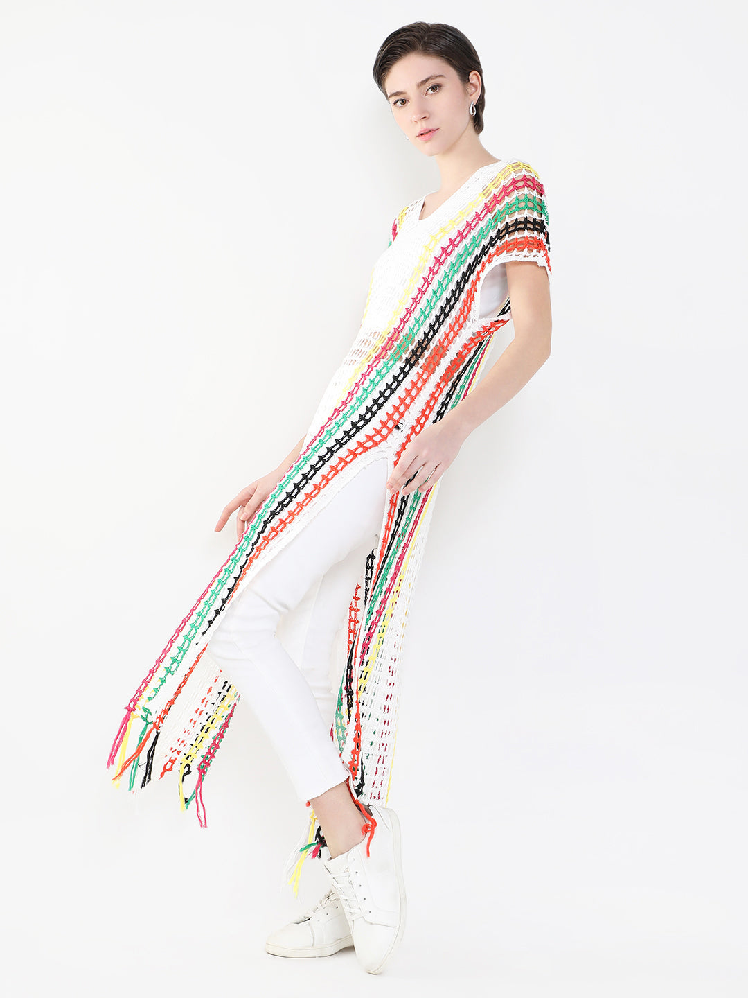 Women's V-Neck White Striped Sheer Longline Top