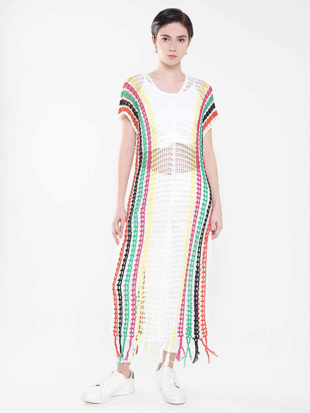 Women's V-Neck White Striped Sheer Longline Top