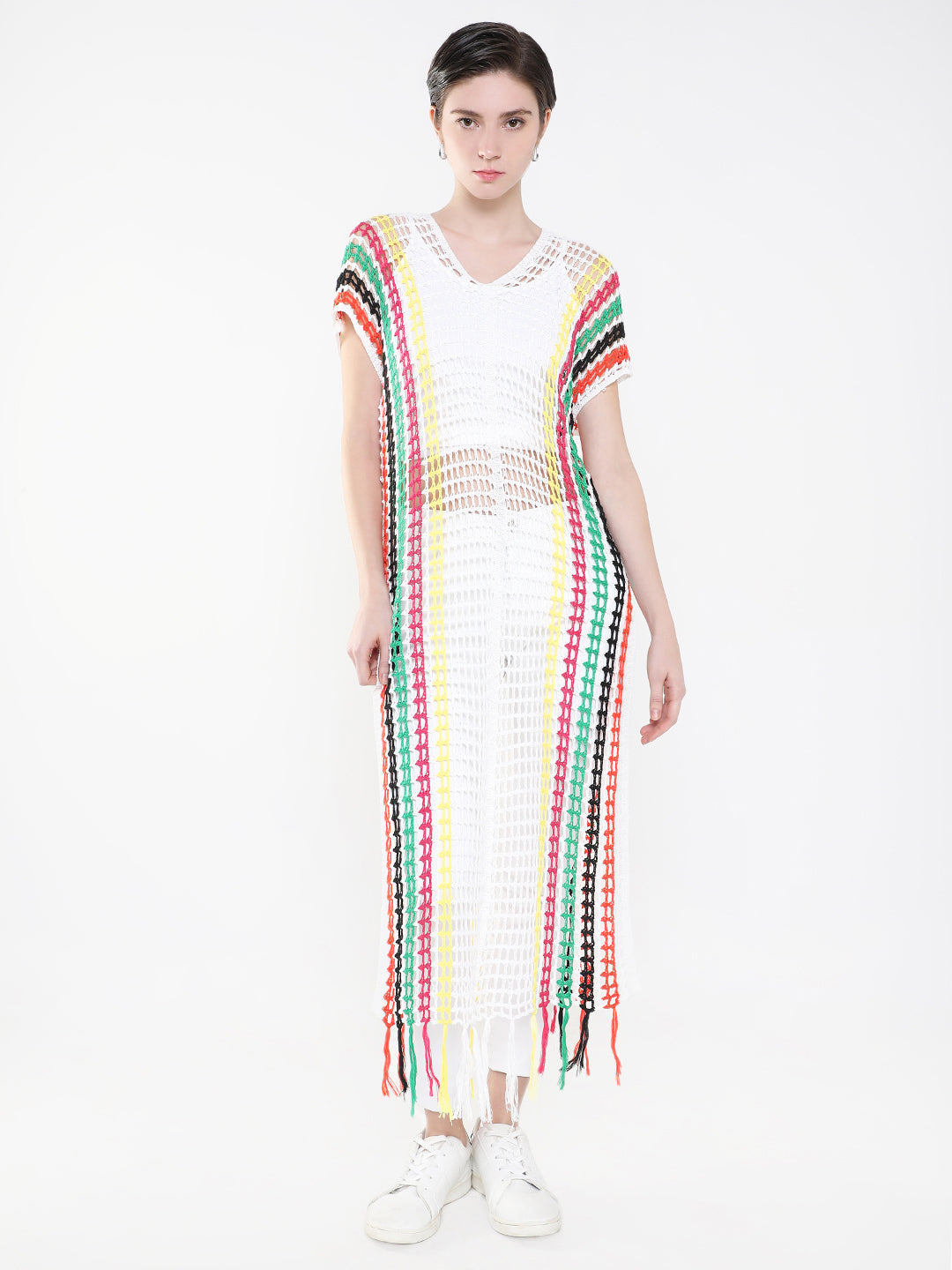 Women's V-Neck White Striped Sheer Longline Top