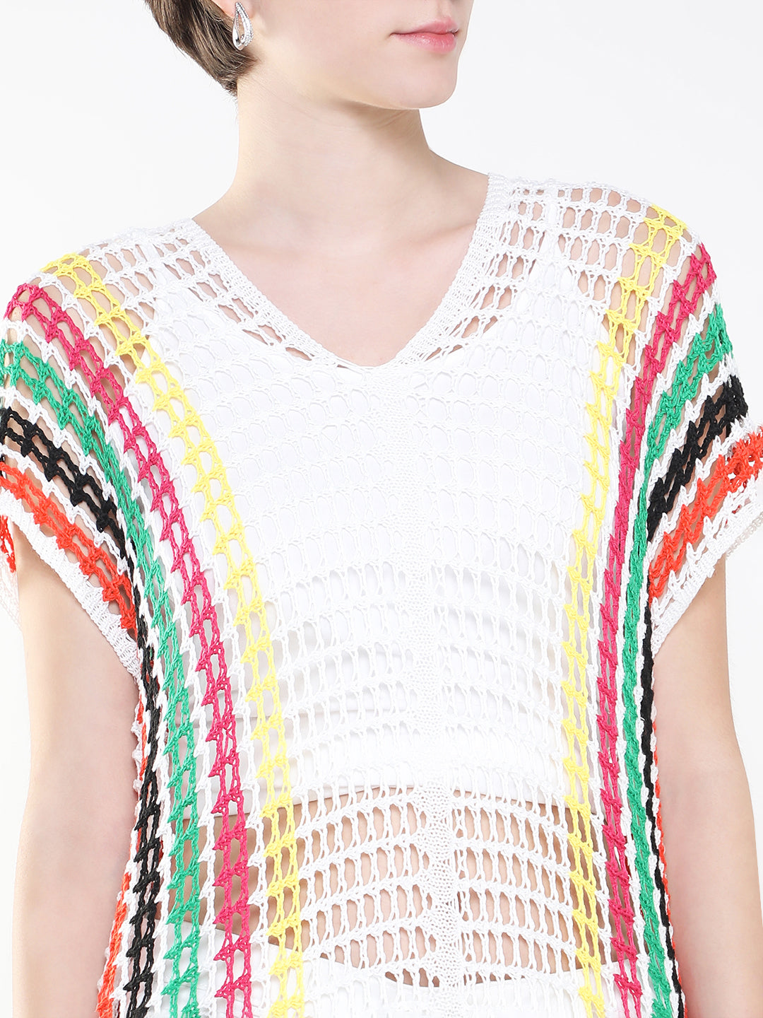 Women's V-Neck White Striped Sheer Longline Top