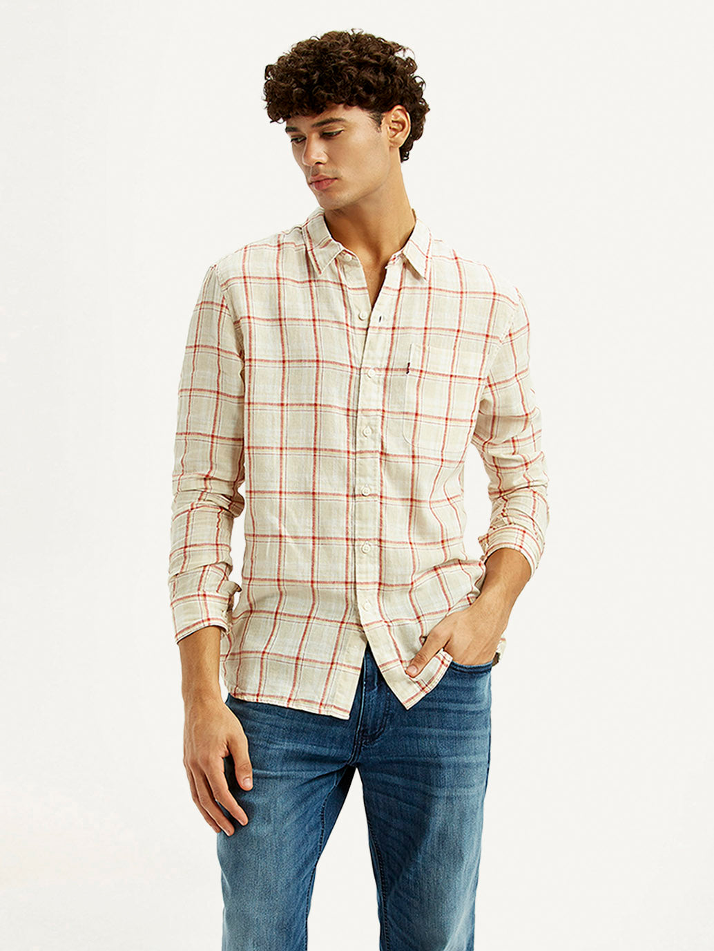 Men's Checkered Light Pink Slim Fit Linen Shirt
