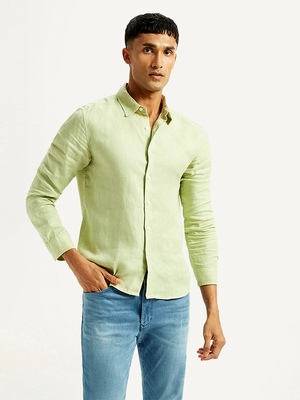 Men's Redloop Solid Light Green Slim Fit Linen Shirt