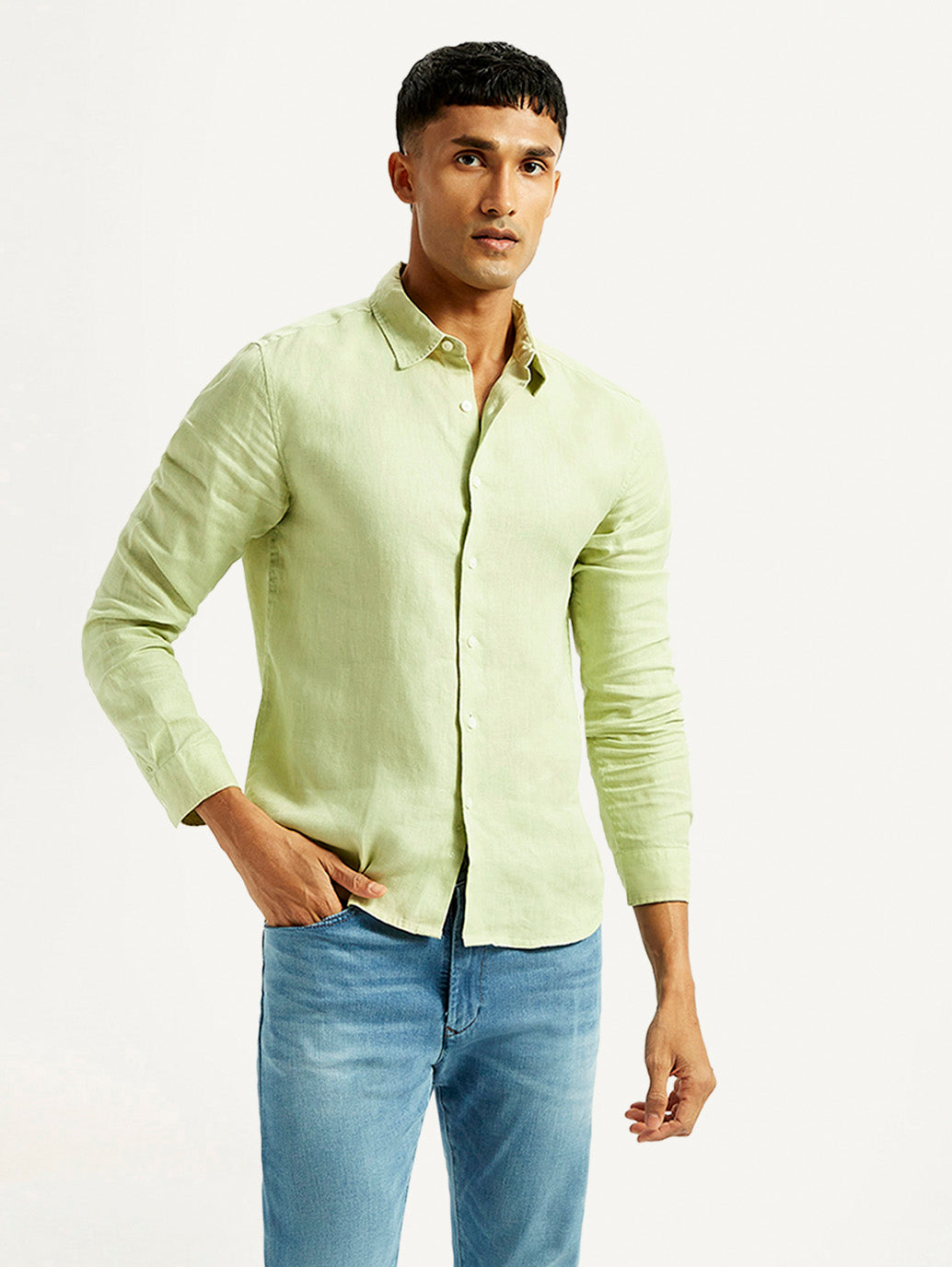 Men's Redloop Solid Light Green Slim Fit Linen Shirt