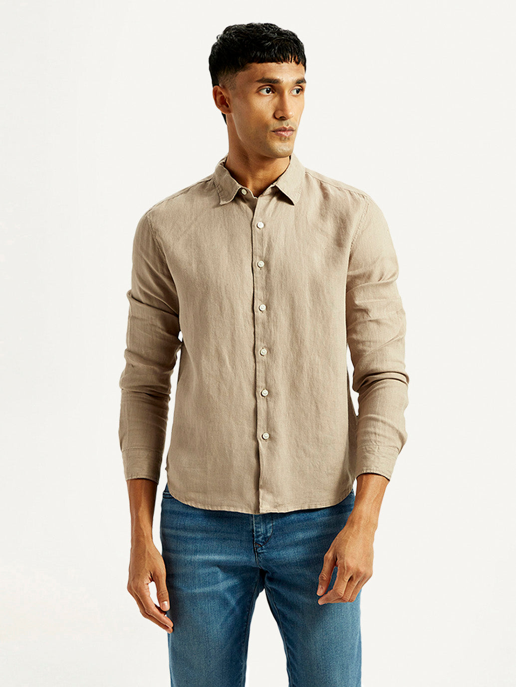 Men's Redloop Solid Beige Slim Fit Linen Shirt