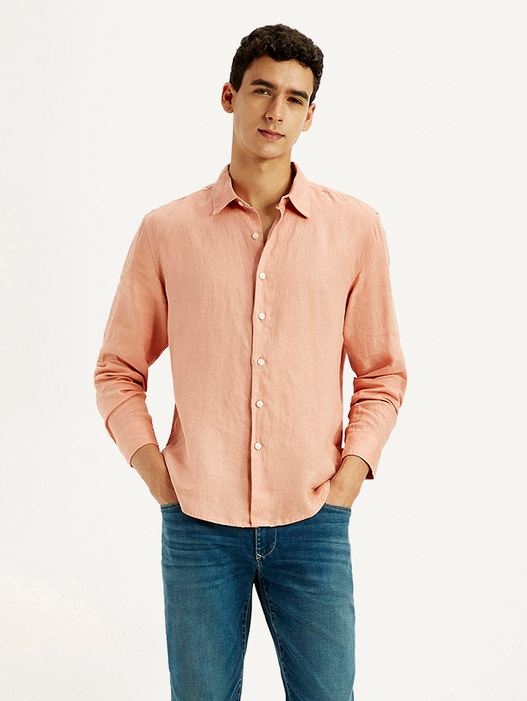 Men's Redloop Solid Peach Slim Fit Linen Shirt