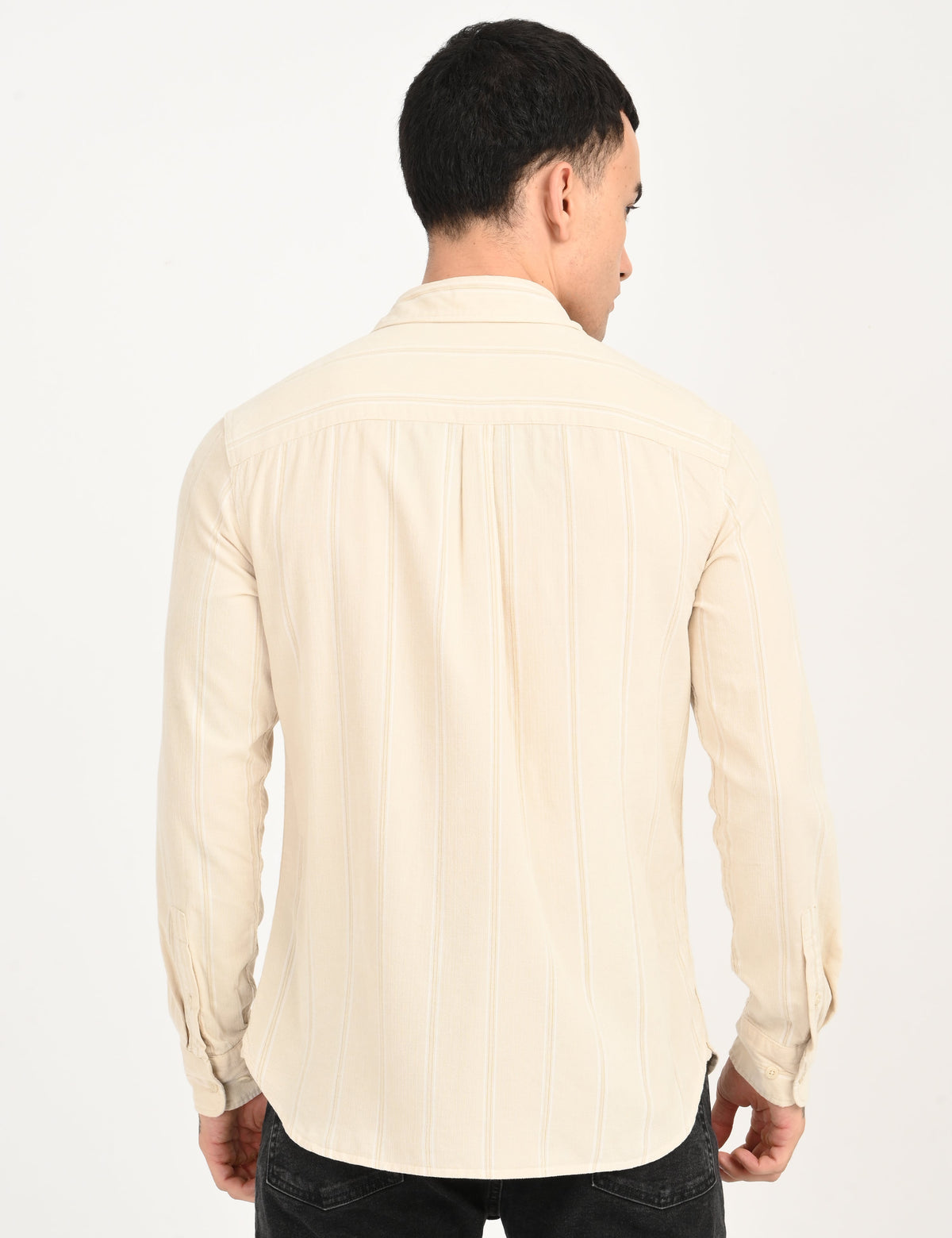 Men's Striped Cream Slim Fit Corduroy Shirt