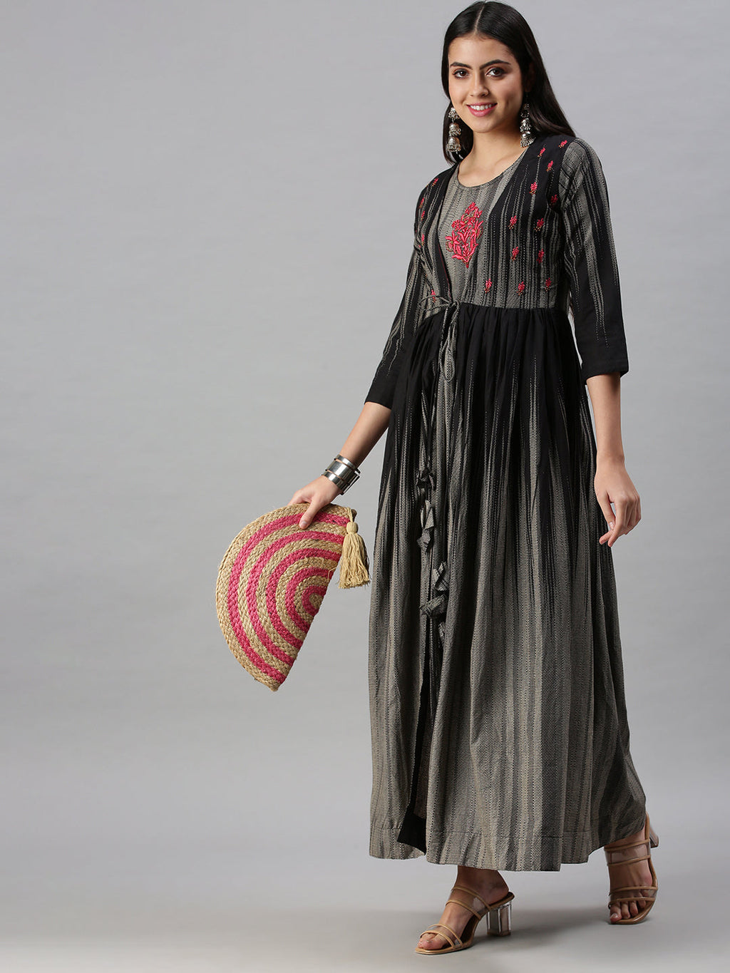 Women's Grey Ethnic Motifs Embroidered Anarkali Kurta