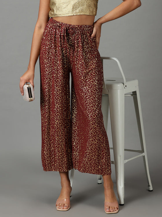 Women's Maroon Printed Relaxed Straight Fit Culottes Trousers