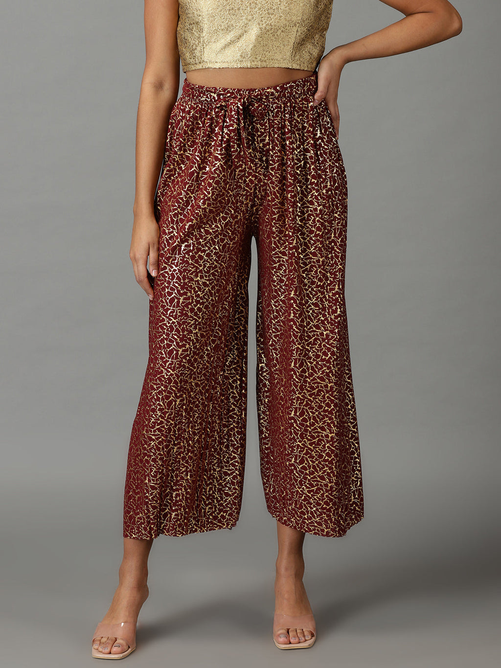 Women's Maroon Printed Relaxed Straight Fit Culottes Trousers