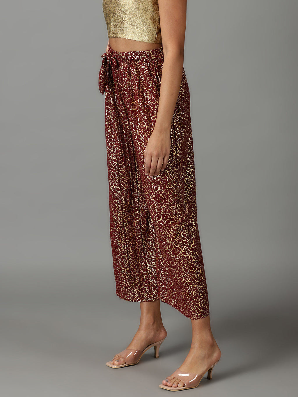 Women's Maroon Printed Relaxed Straight Fit Culottes Trousers