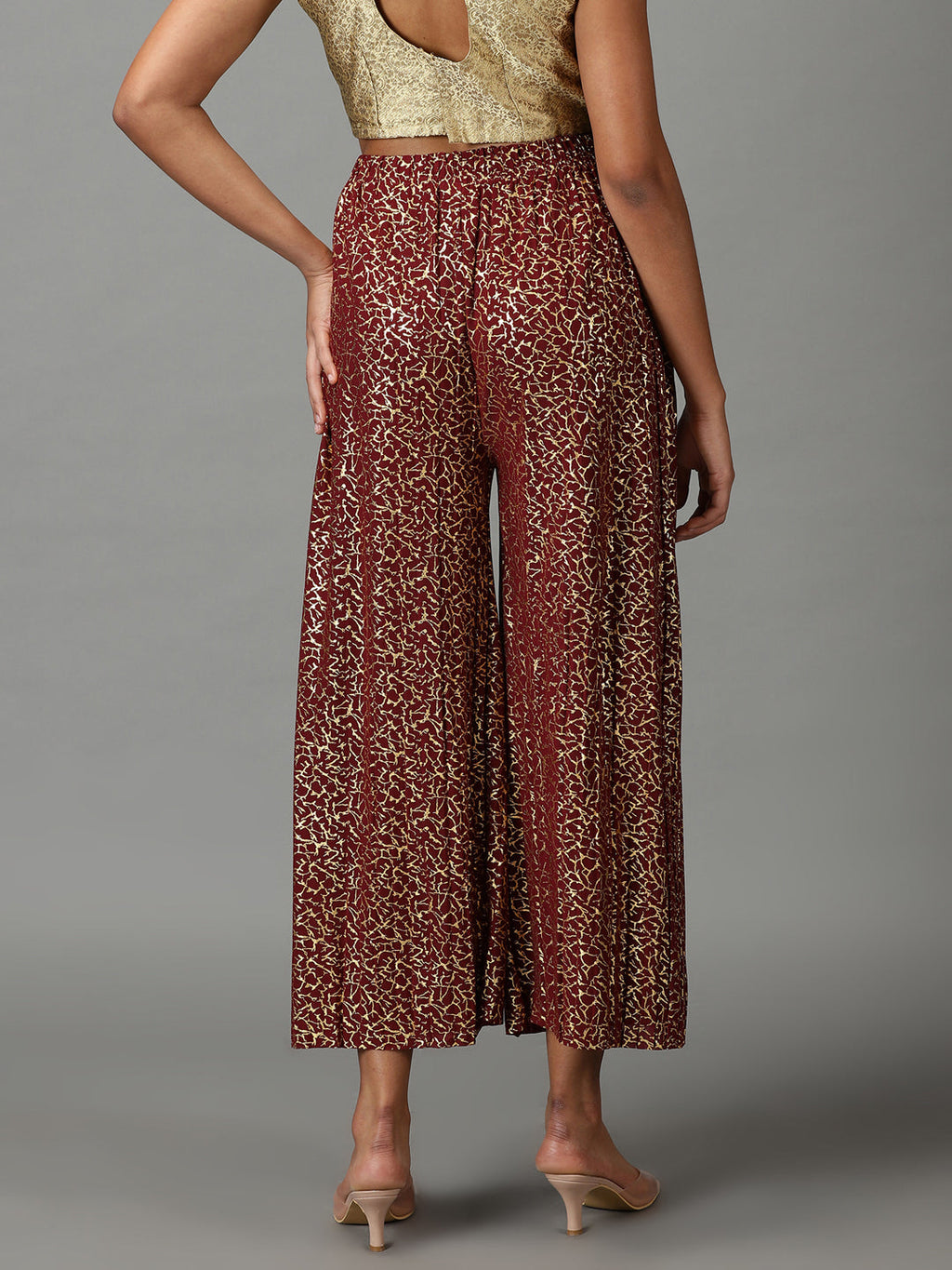 Women's Maroon Printed Relaxed Straight Fit Culottes Trousers