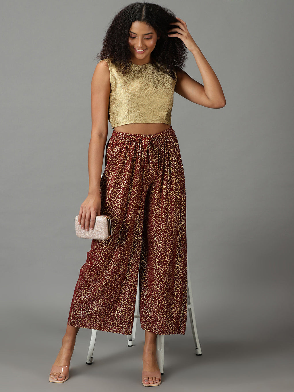 Women's Maroon Printed Relaxed Straight Fit Culottes Trousers