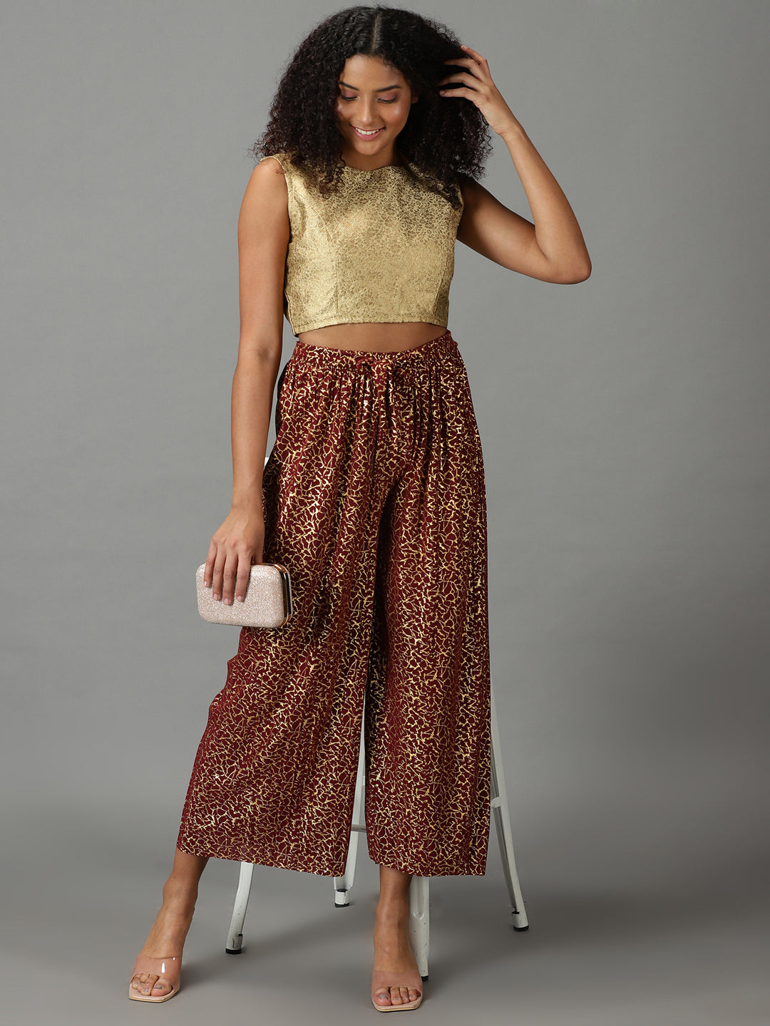 Women's Maroon Printed Relaxed Straight Fit Culottes Trousers
