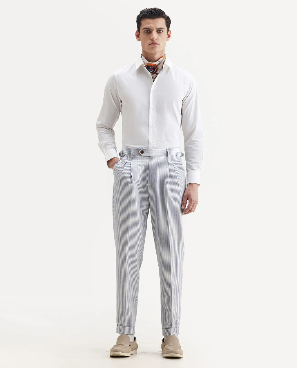 Rare Rabbit Men's Ace Light Blue Polyester Blend Striped Print Relaxed Fit Trouser