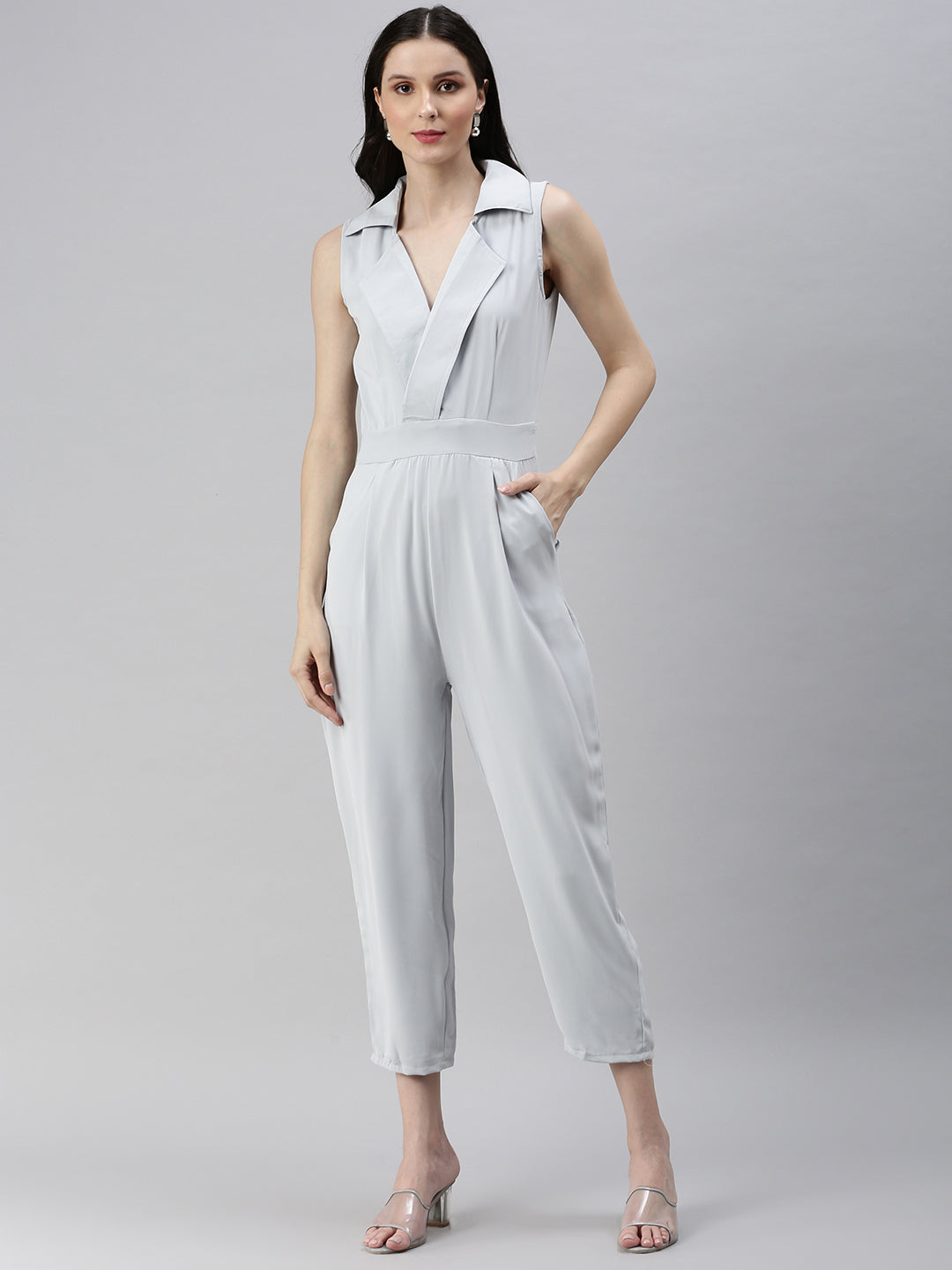 Women's Grey Shawl Neck Basic Jumpsuit