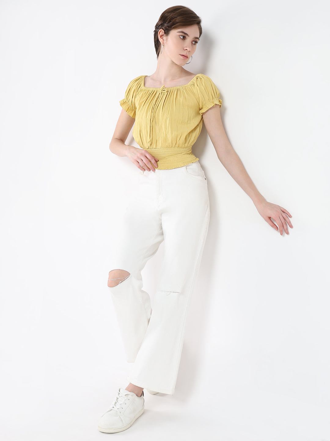 Women's Yellow Off-Shoulder Smocked Bardot Top