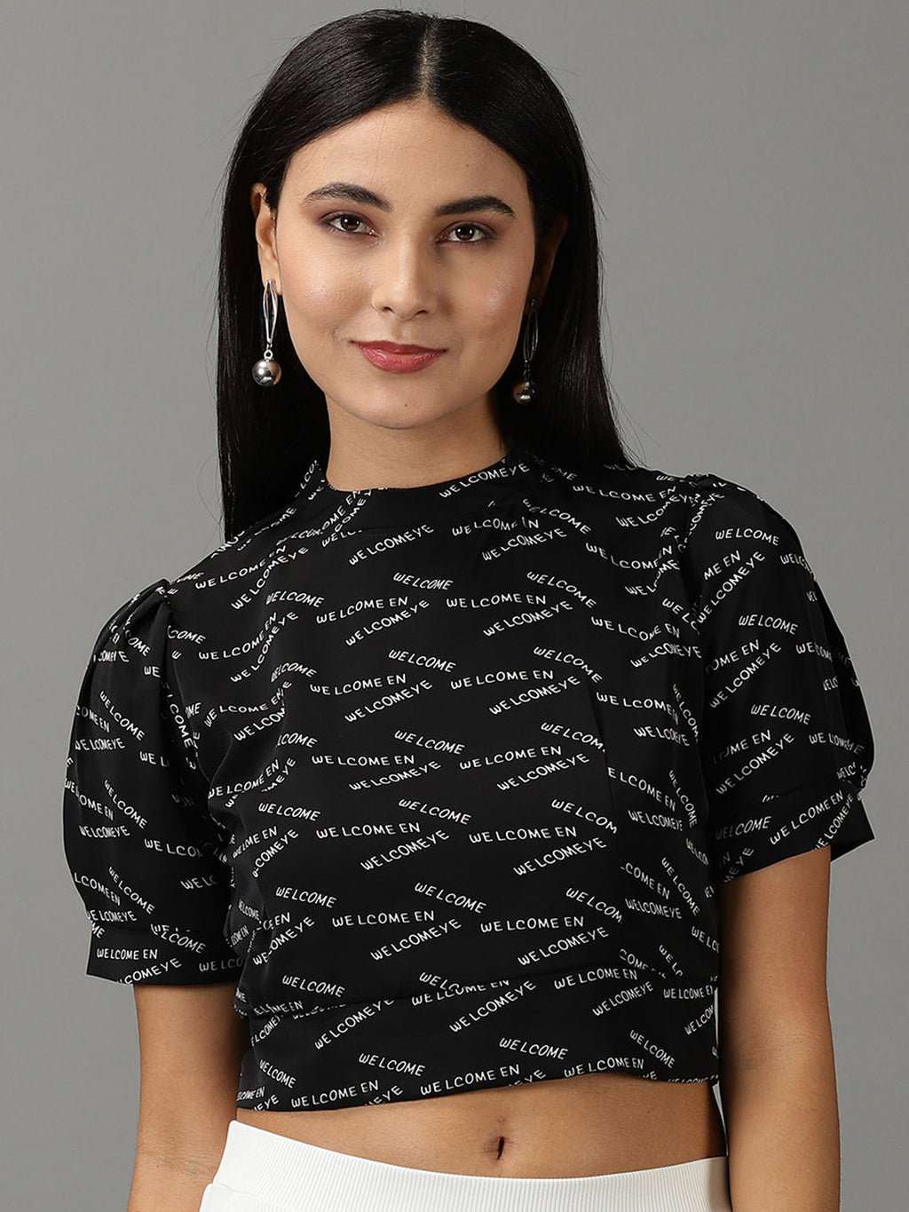 Women's Black Typography Printed High Neck Puff Sleeves Crop Top