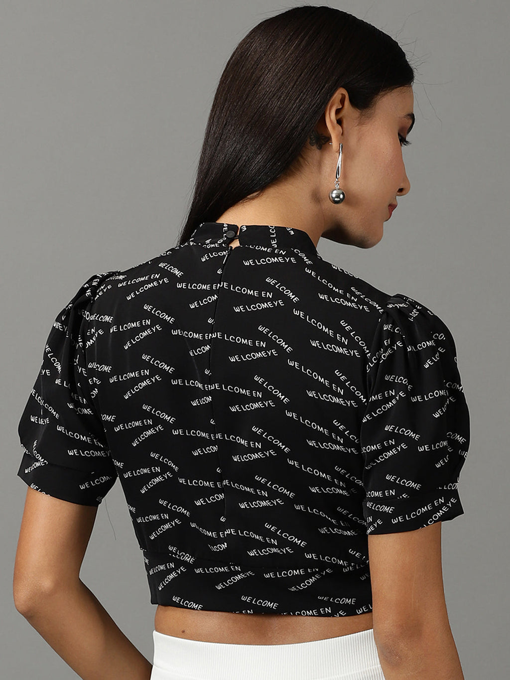 Women's Black Typography Printed High Neck Puff Sleeves Crop Top