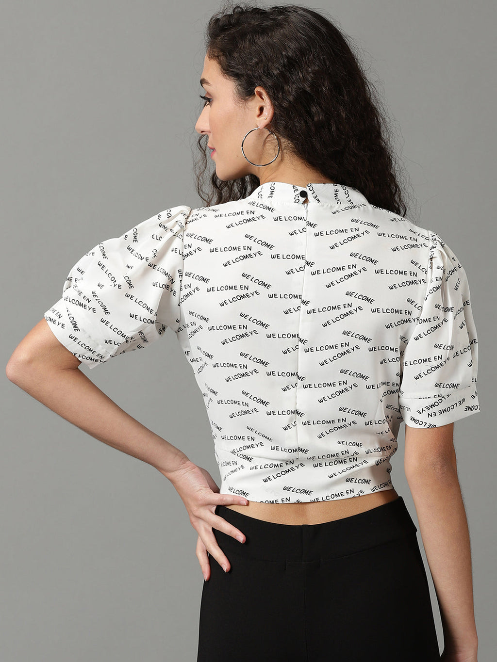 Women's White Typography Printed High Neck Crop Top
