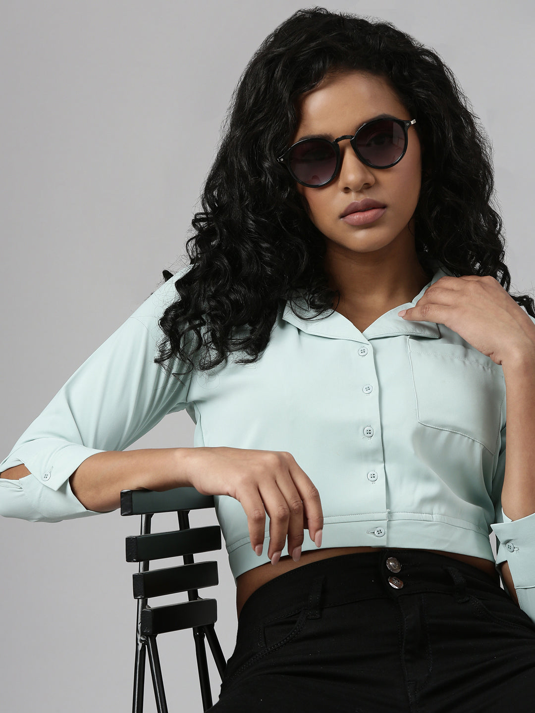 Women's Sea Green Spread Collar Blouson Crop Top