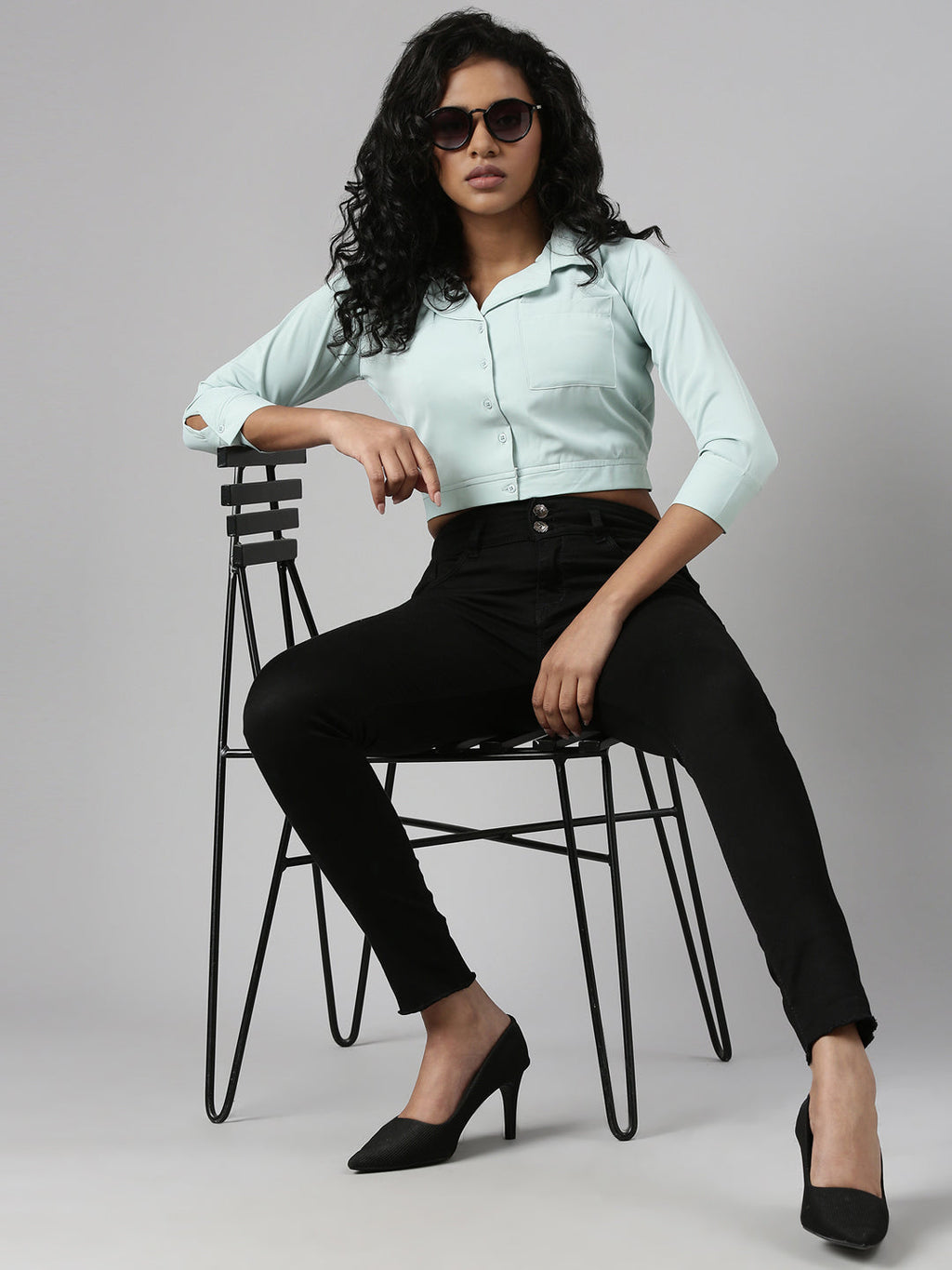 Women's Sea Green Spread Collar Blouson Crop Top