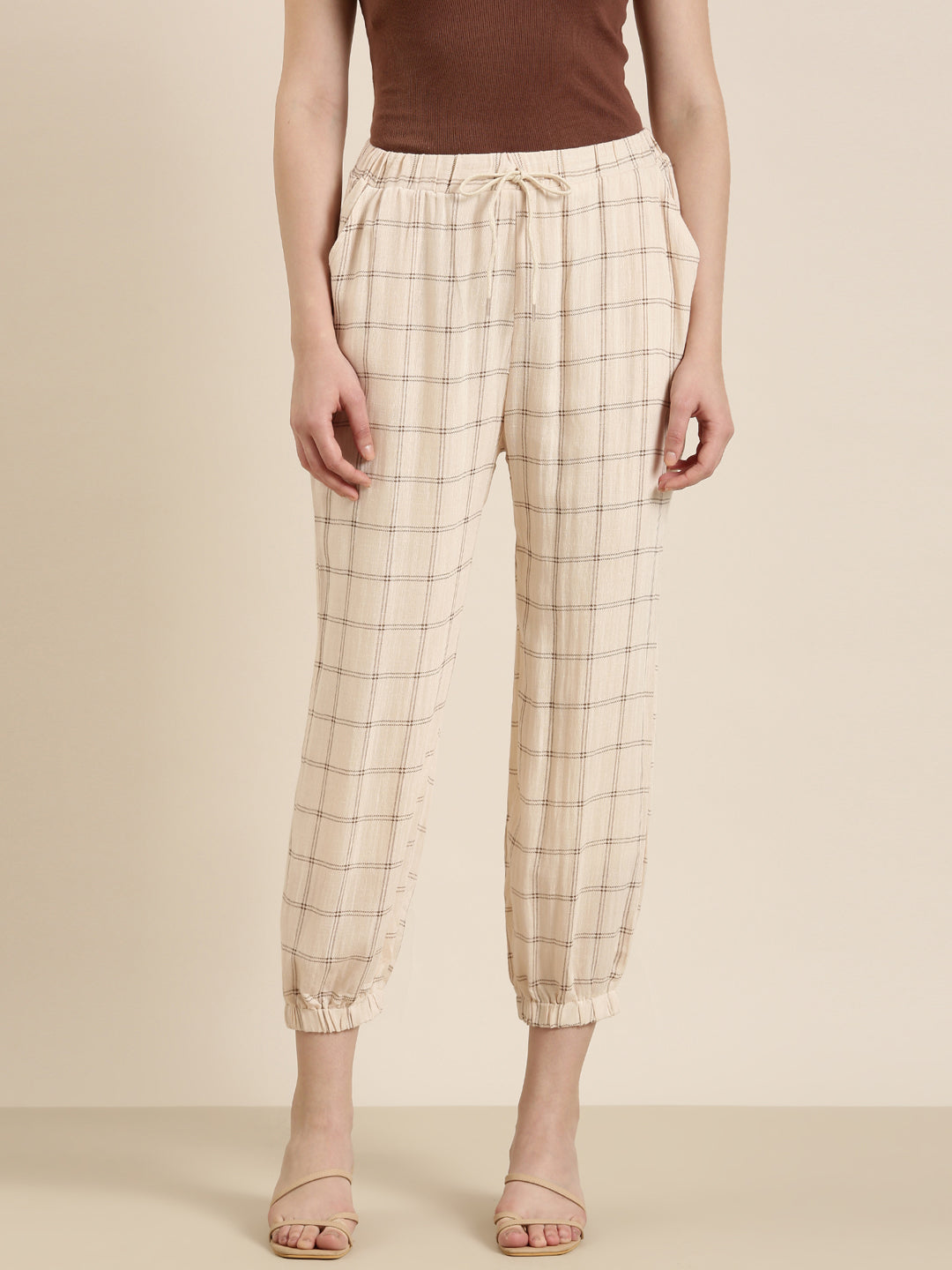 Women's Cream Checked Relaxed Flared High-Rise Culottes