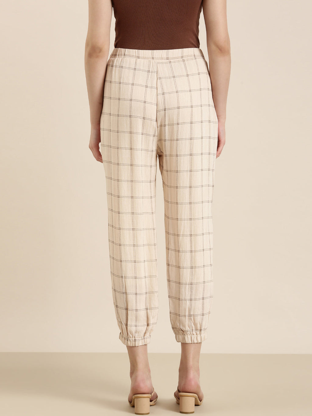 Women's Cream Checked Relaxed Flared High-Rise Culottes