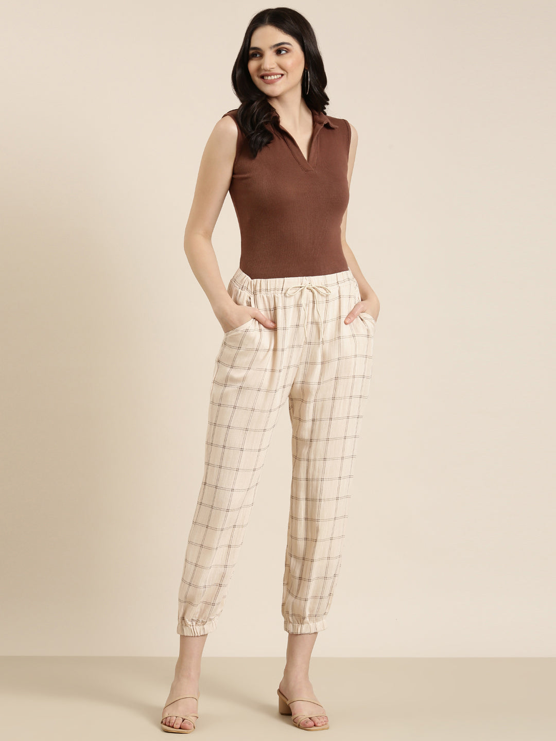 Women's Cream Checked Relaxed Flared High-Rise Culottes