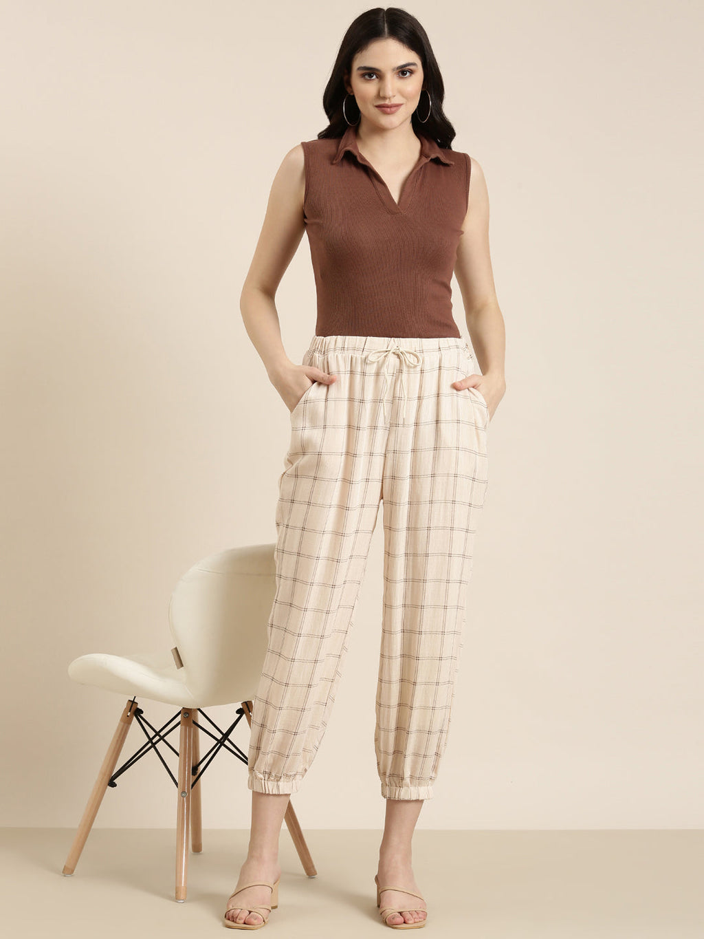 Women's Cream Checked Relaxed Flared High-Rise Culottes