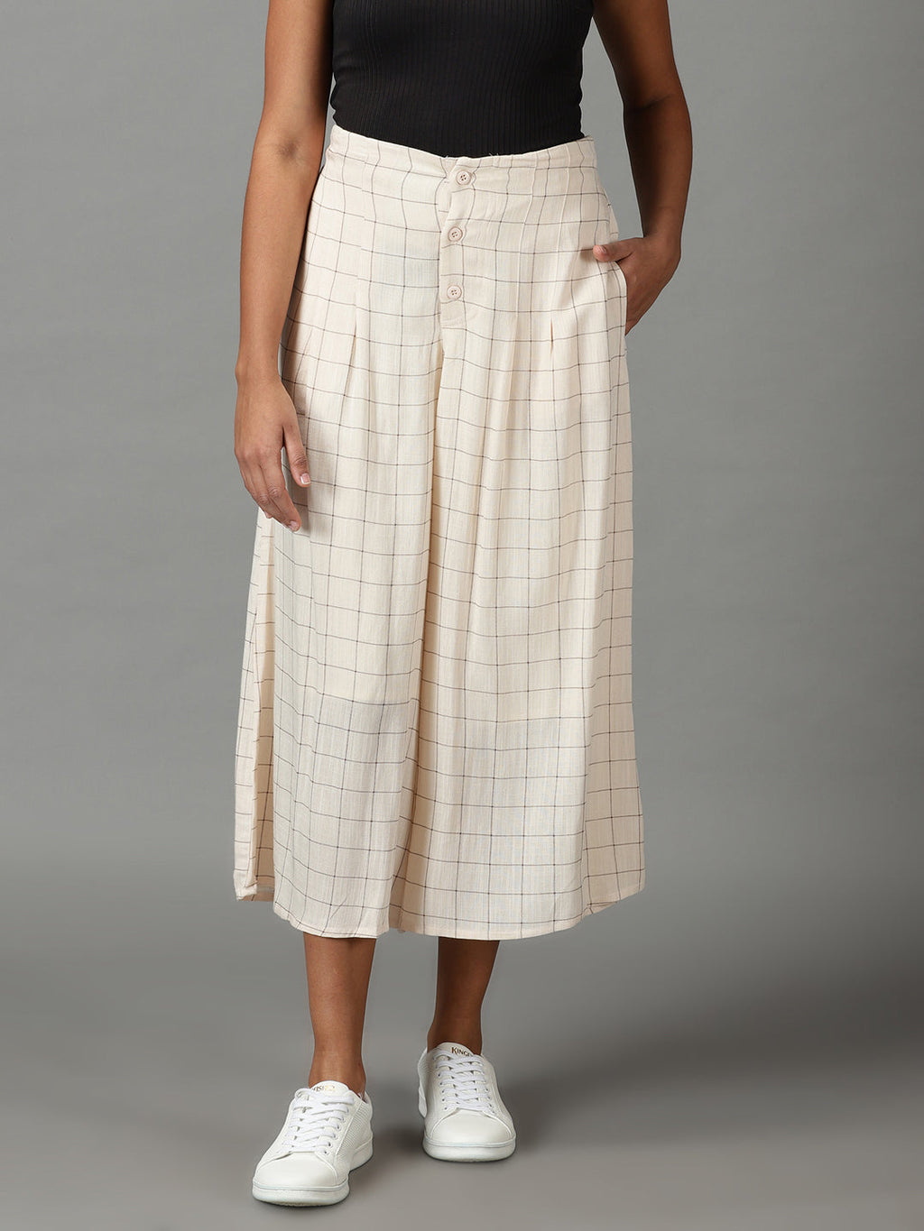 Women's Cream Checked Relaxed Flared High-Rise Linen Culottes