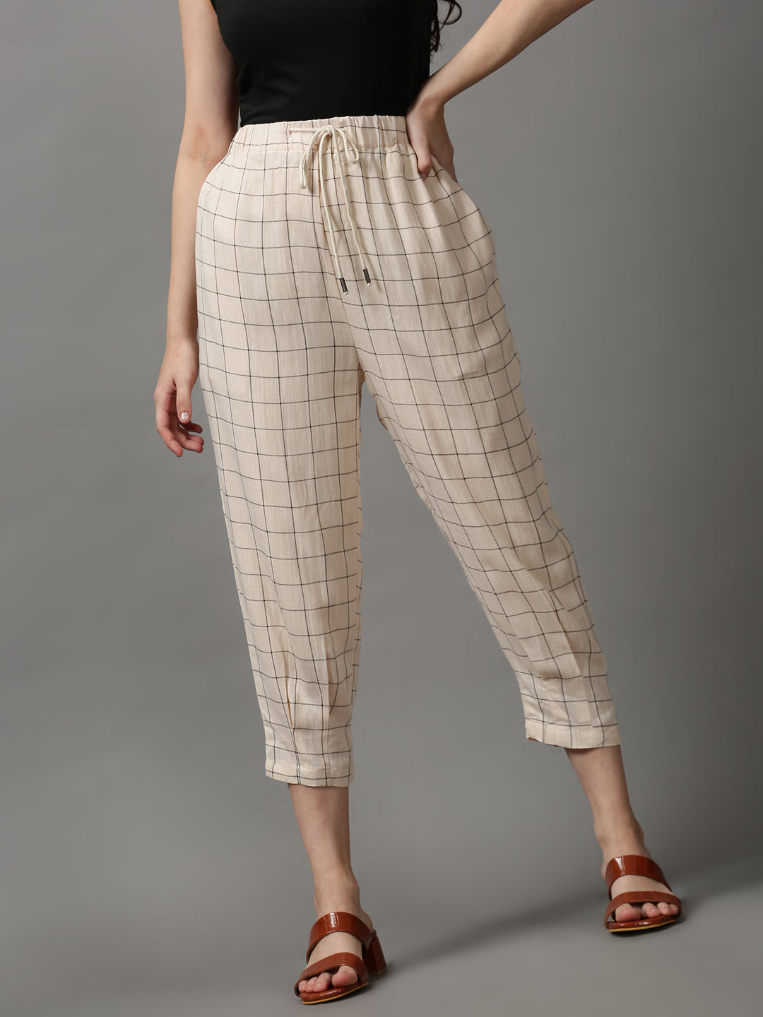 Women's Cream Checked Trousers