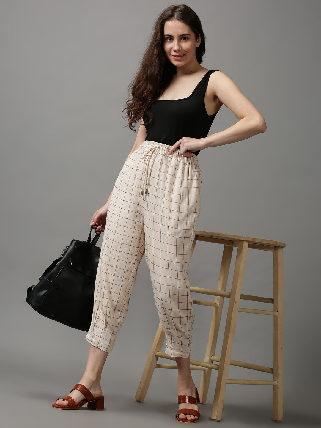 Women's Cream Checked Trousers