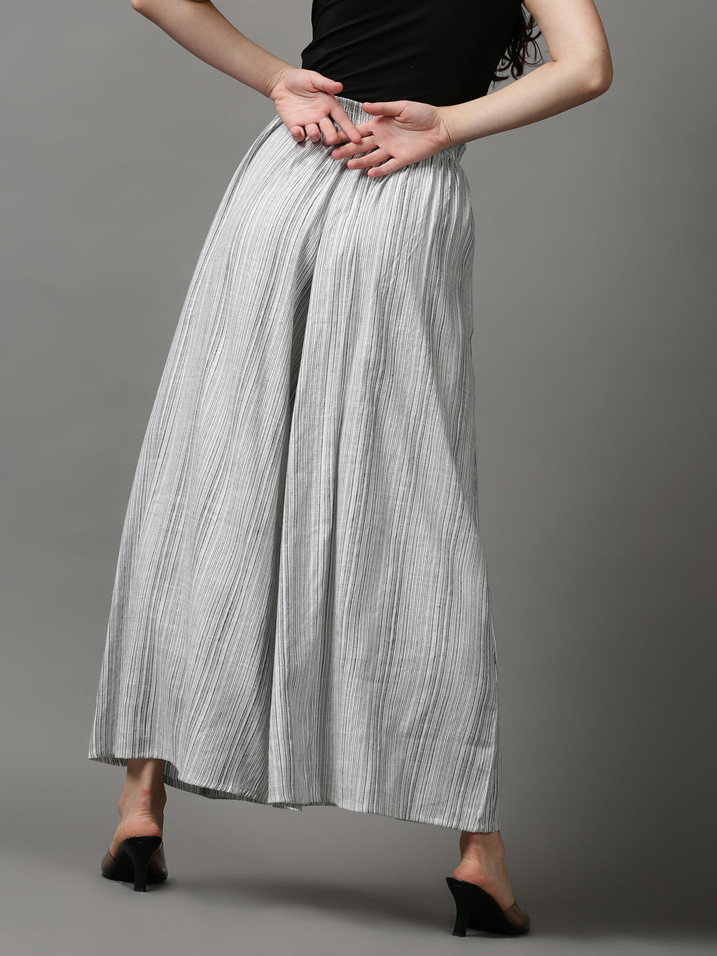 Women's White Striped Flared Trousers