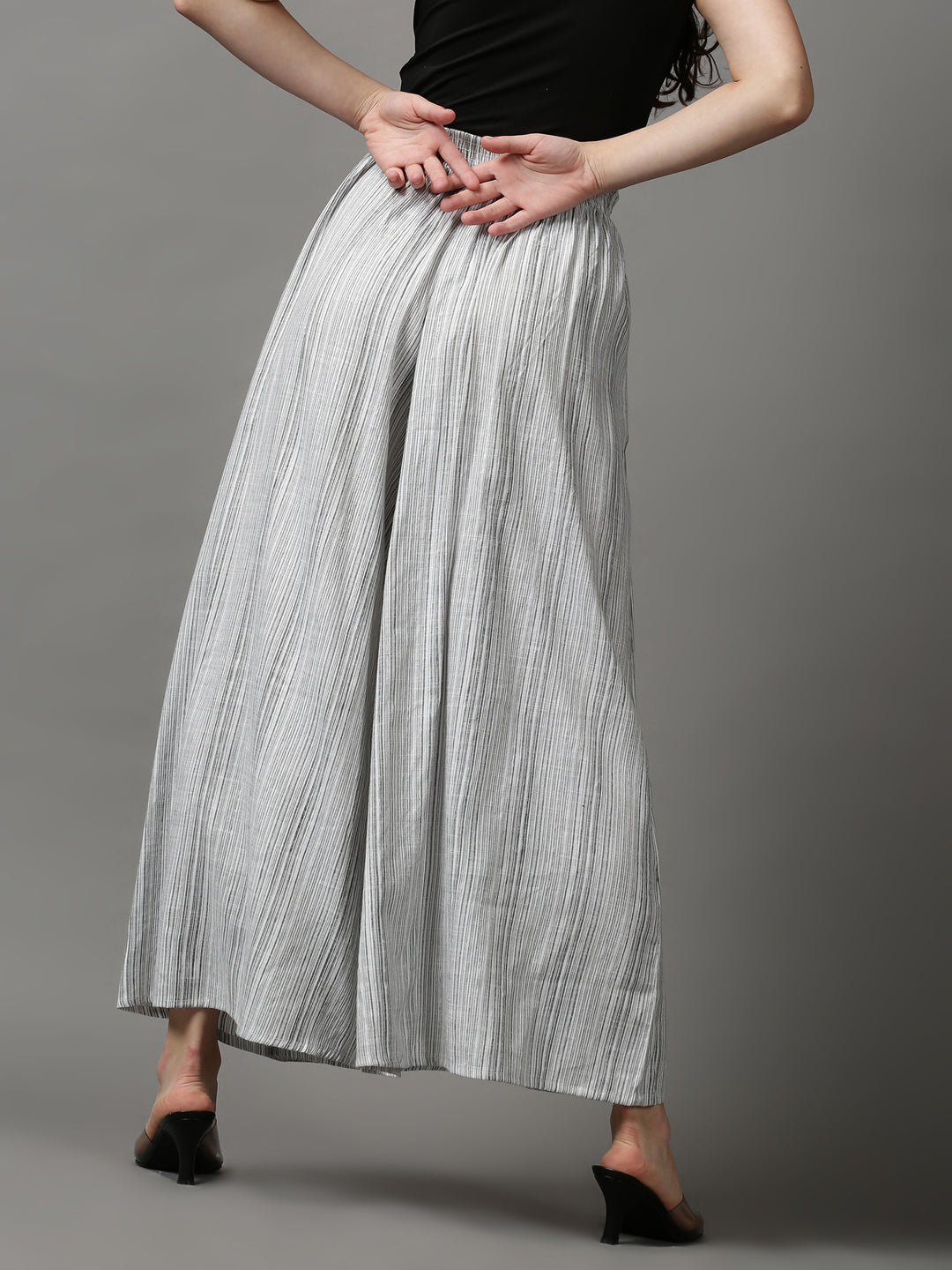 Women's White Striped Flared Trousers