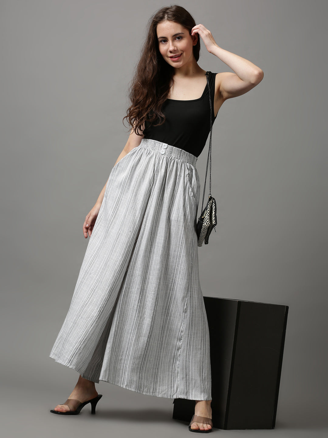 Women's White Striped Flared Trousers
