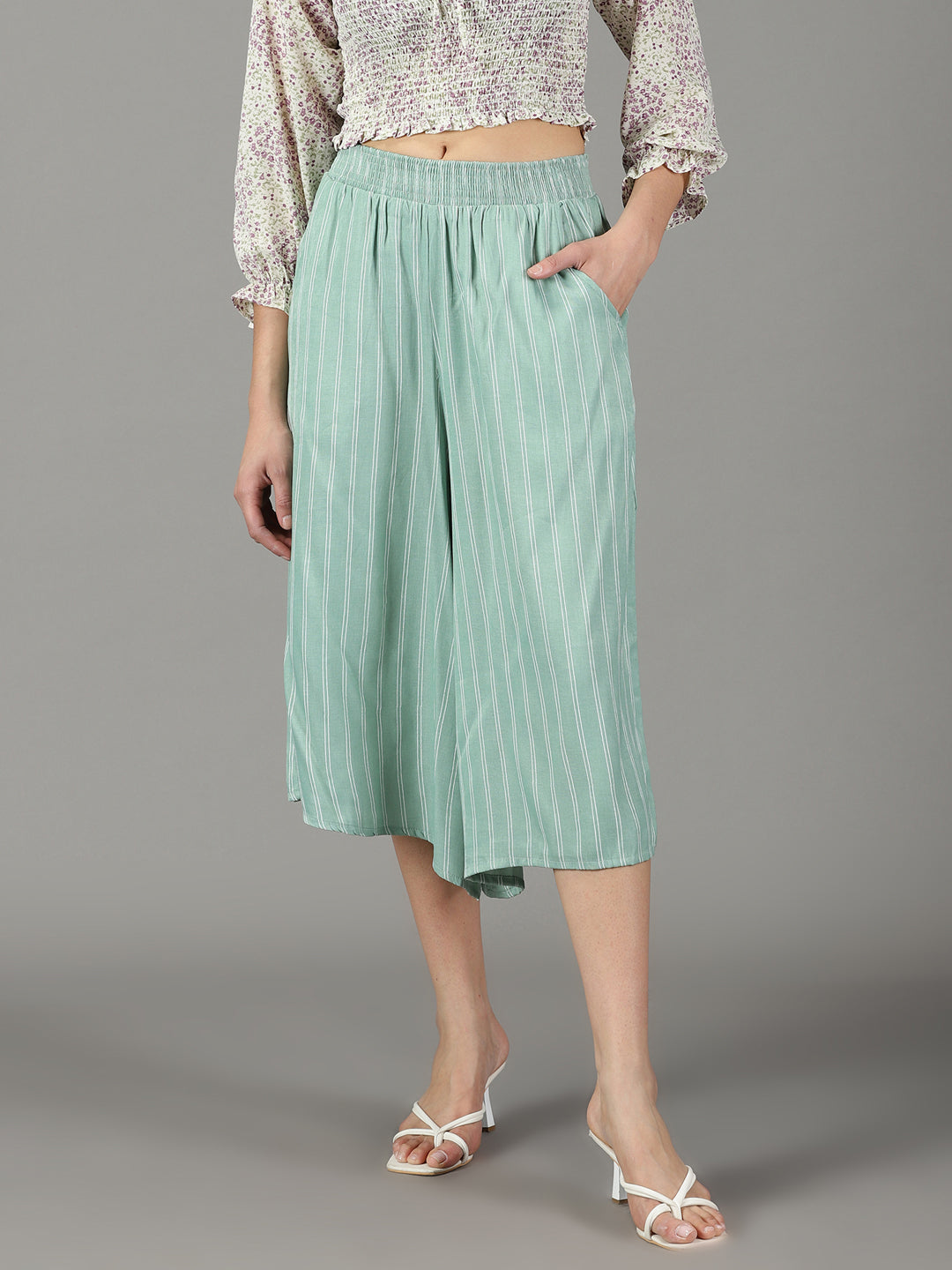 Women's Sea Green Flared High-Rise Culottes Trousers