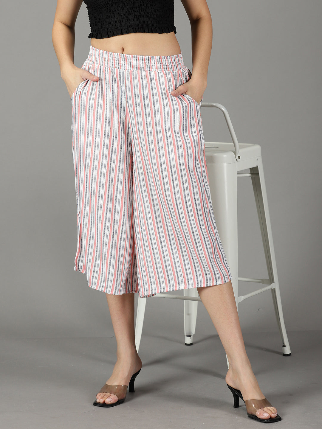 Women's White Striped Relaxed Flared High-Rise Culottes Trousers