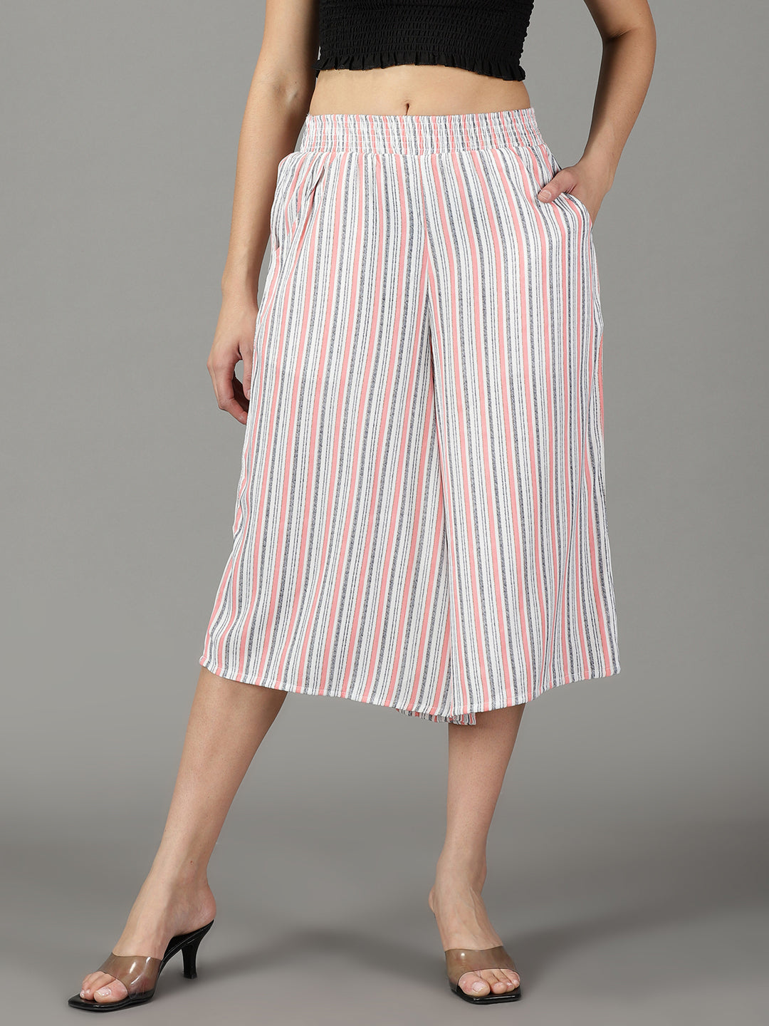 Women's White Striped Relaxed Flared High-Rise Culottes Trousers