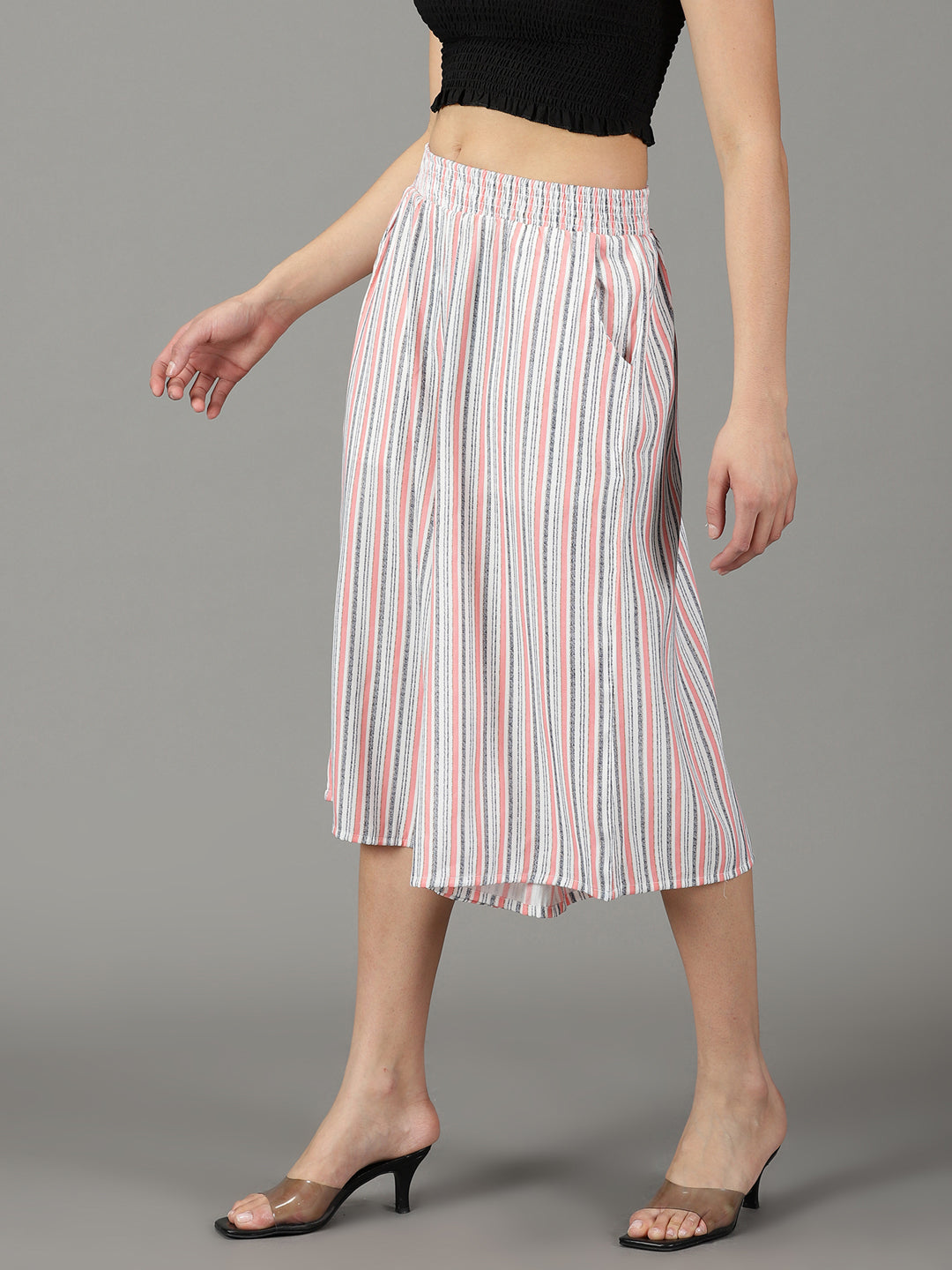 Women's White Striped Relaxed Flared High-Rise Culottes Trousers